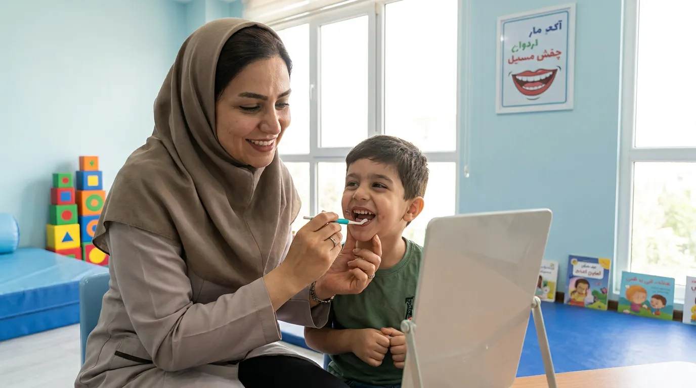 انجام تمرینات تقویت عضلات دهان و فک برای درمان اختلال بلع کودکان در کلینیک توانبخشی