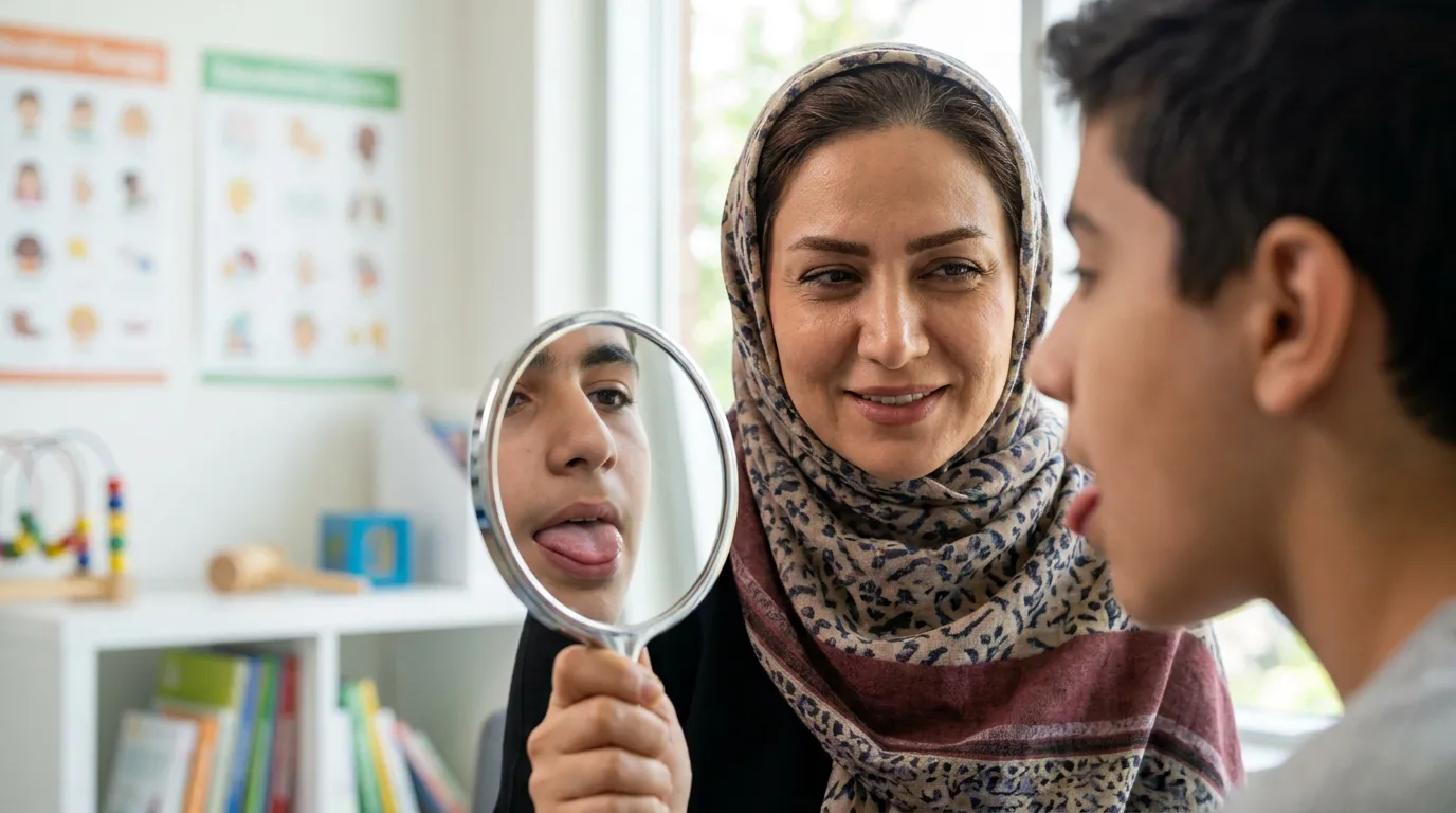 آموزش جایگاه صحیح قرارگیری زبان برای اصلاح اختلالات تلفظی و نوکزبانی با استفاده از آینه توسط گفتاردرمانگر.