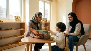 جلسه گفتاردرمانی برای درمان لکنت زبان کودک با حضور والدین و گفتاردرمانگر در محیطی صمیمی و آرام.